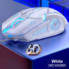 A white wired gaming mouse with blue LED accents and six programmable buttons resting on a blue surface.