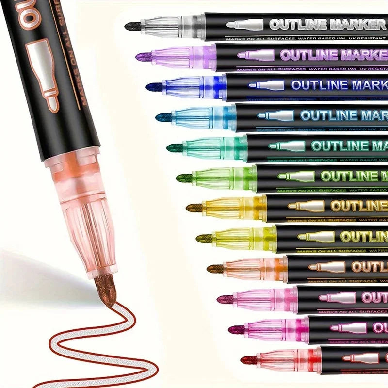 A set of double line outline markers in various colors and finishes shown against a white background.