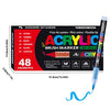A set of 48 multi-color acrylic brush markers packaged in a black box with various material options listed.