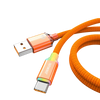 An orange braided USB-C fast charging cable with a connector and a plug is shown against a black background.