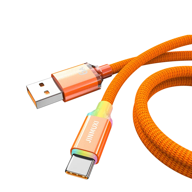 An orange braided USB-C fast charging cable with a connector and a plug is shown against a black background.