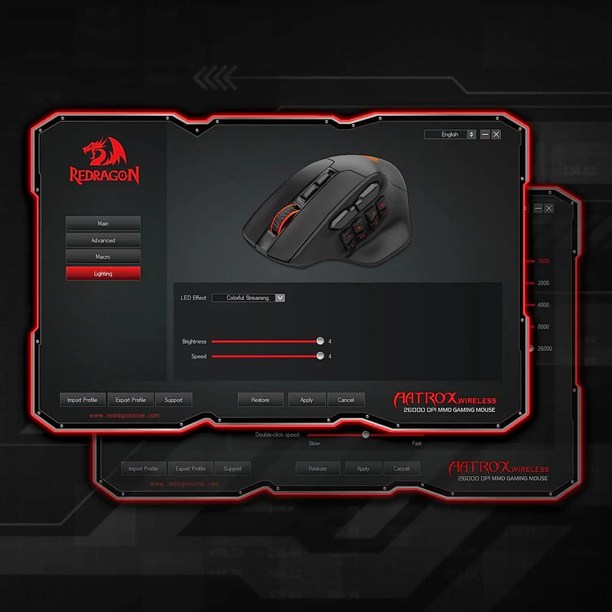 A close-up view of a black wireless MMO gaming mouse with red accents and RGB lighting displayed on a dark background.