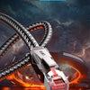 A close-up of a silver Cat8 SFTP gaming patch cable with a clear connector, set against a dark, futuristic background.