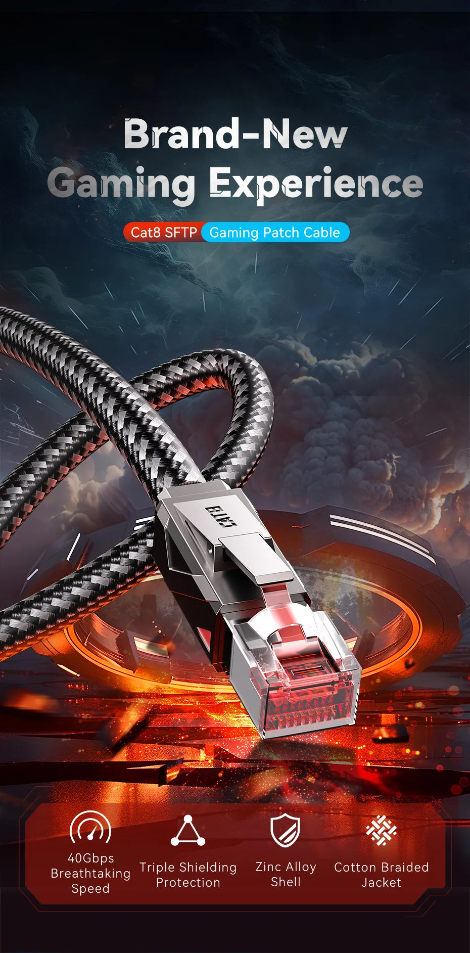 A close-up of a silver Cat8 SFTP gaming patch cable with a clear connector, set against a dark, futuristic background.