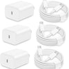 Three white fast charging USB-C power adapters shown in various views and coiled cables