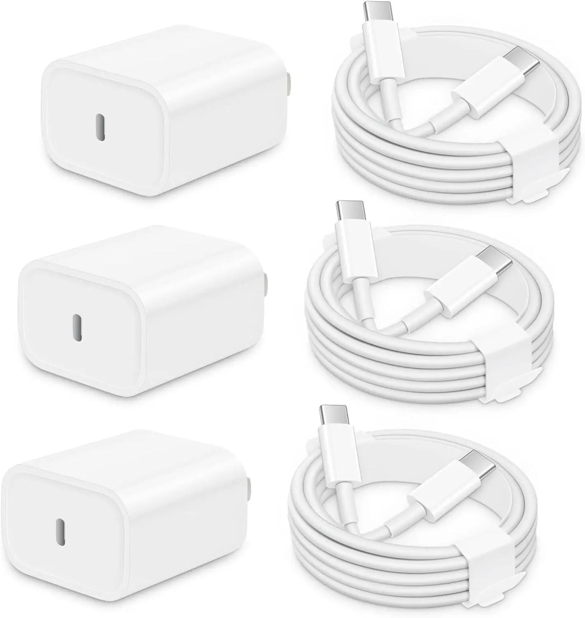 Three white fast charging USB-C power adapters shown in various views and coiled cables