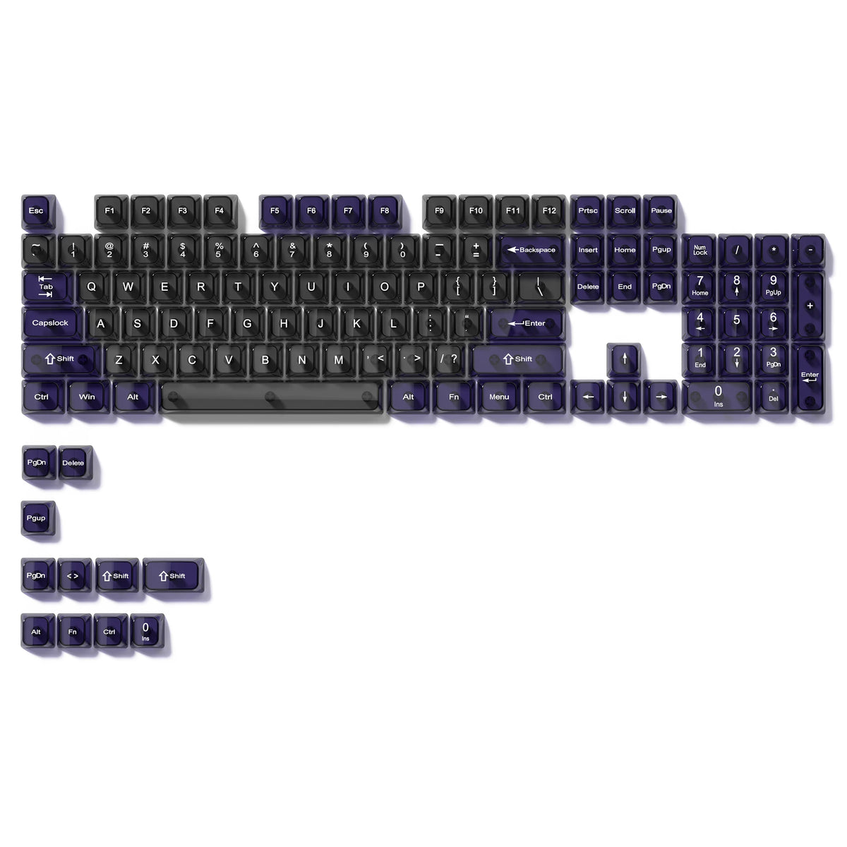 A close-up view of a mechanical keyboard featuring crystal clear RGB keycaps and various function keys.