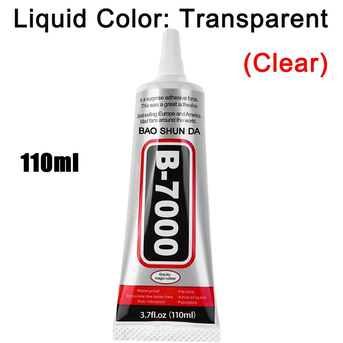 A bottle of clear liquid adhesive labeled B-7000 with a black and white design.