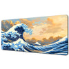 A watercolor painting of a large blue and white ocean wave crashing against a sunset sky with orange clouds.