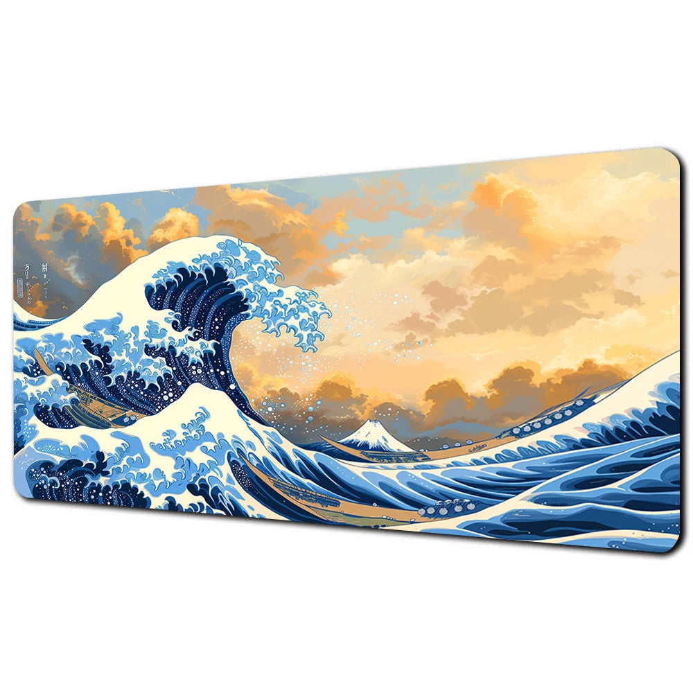 A watercolor painting of a large blue and white ocean wave crashing against a sunset sky with orange clouds.