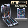 A set of 48 dual tip flash markers in an acrylic case with a glitter design visible.