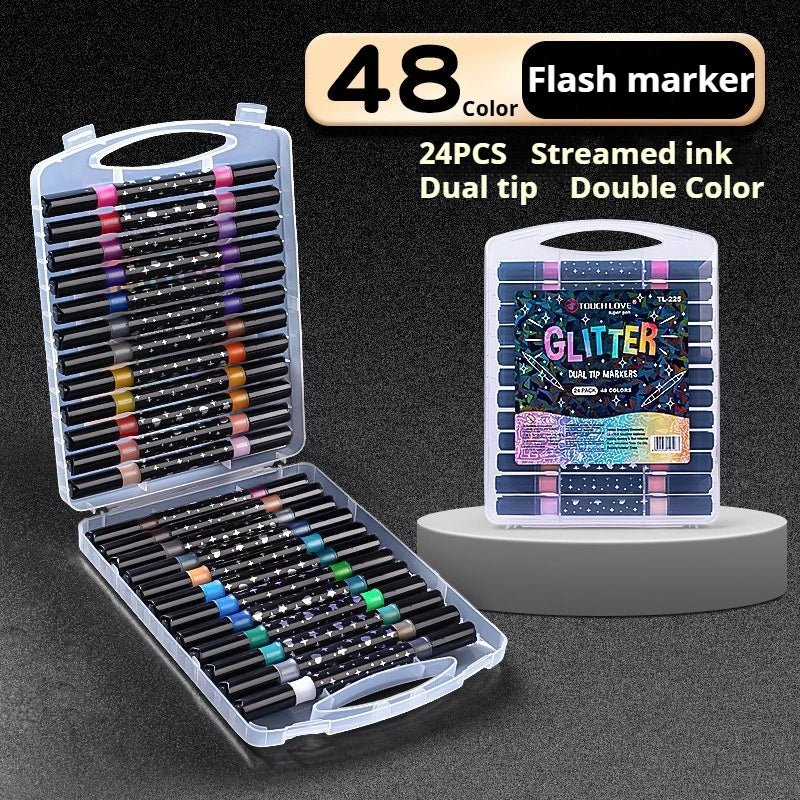 A set of 48 dual tip flash markers in an acrylic case with a glitter design visible.