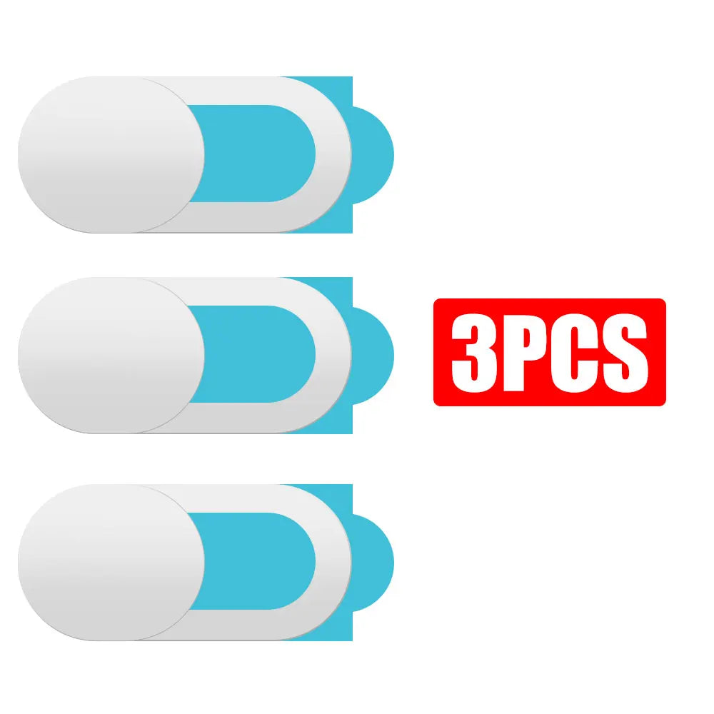 Three privacy webcam covers shown in white and light blue packaging.