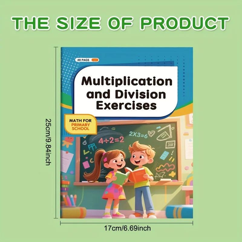 Un cuaderno colorido de ejercicios de multiplicación y división para que los niños estudien conceptos matemáticos.