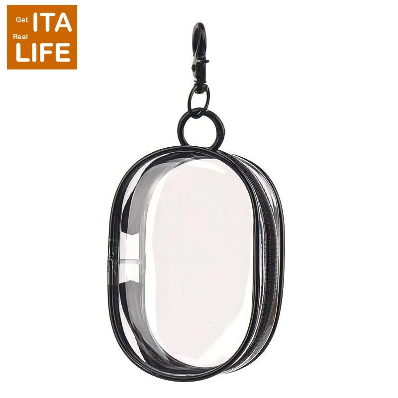 A clear mini bag with a black zipper and a keychain attached, displayed against a white background.