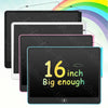 A set of three black and white interactive LCD writing tablets with a rainbow background.