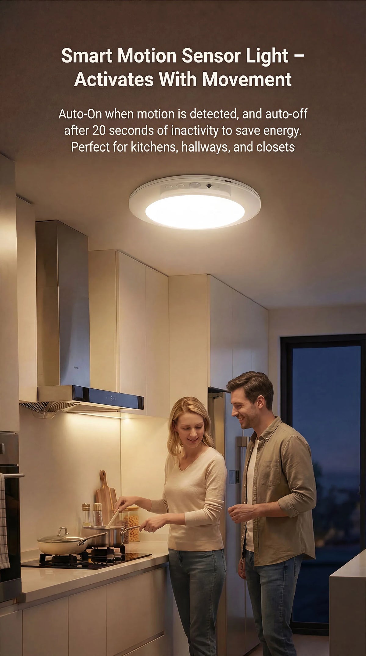 A smart motion sensor light installed above a kitchen counter, illuminating the area.