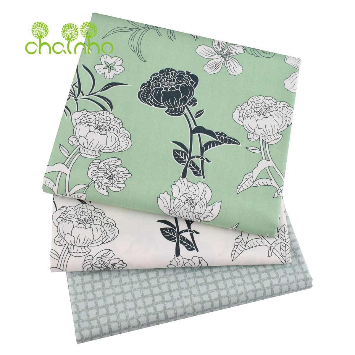 Hellgrüner bedruckter Twill-Baumwollstoff mit weißen und dunklen Blumenmustern