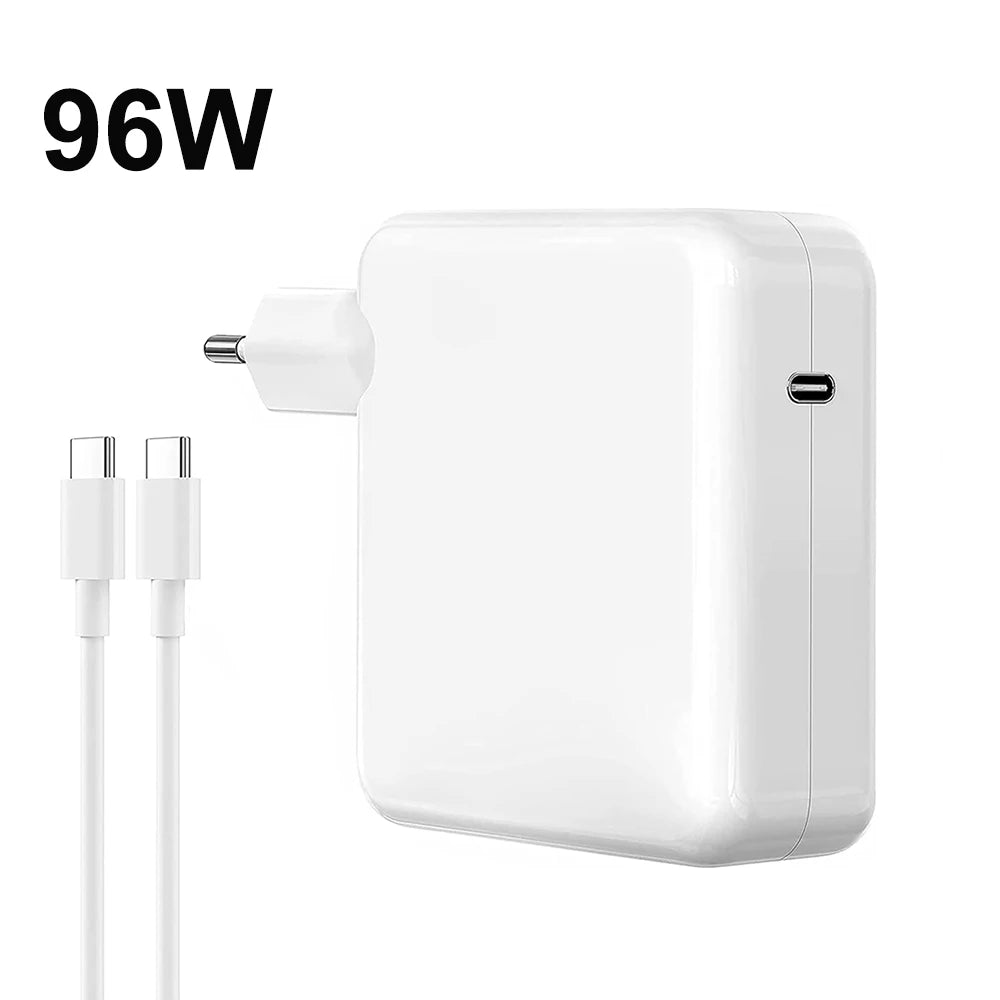 محول طاقة حاسوب محمول بقوة 96 واط USB-C PD أبيض مع كابل قابل للفصل بجانب موصله.