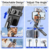 A black extendable selfie stick tripod with multi-angle adjustment features for photography and video.