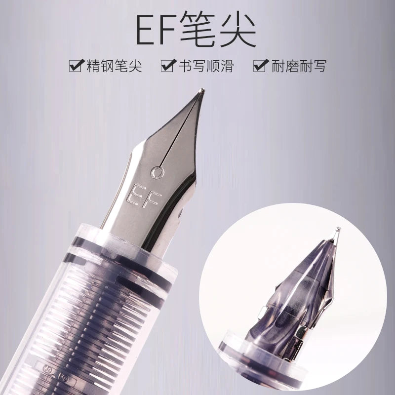 A close-up view of an EF fountain pen with a silver tip and clear barrel, highlighting its fine point design.