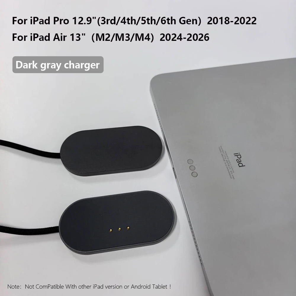 Cargador inalámbrico magnético gris oscuro para iPad Pro y Air.