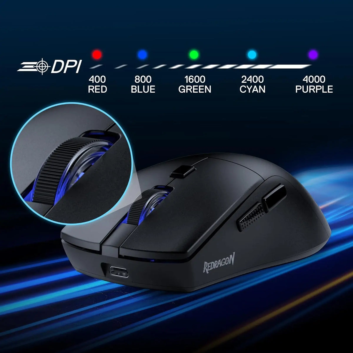 A black Redragon LIT wireless gaming mouse is shown with an optical sensor diagram displaying various DPI settings.