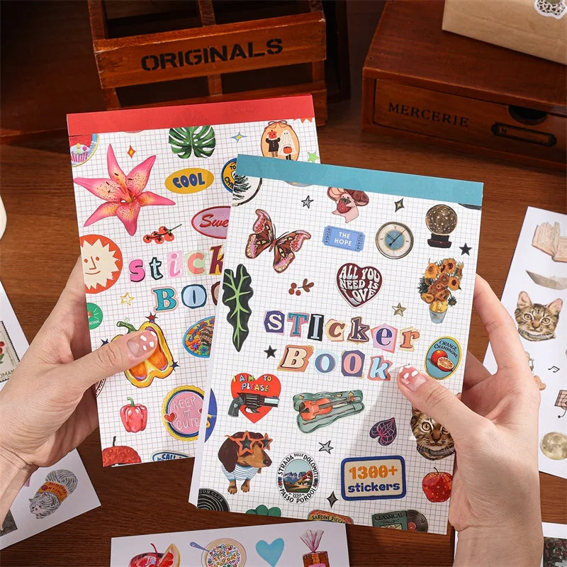 A hand holds an aesthetic sticker book featuring nature and animal patterns on a white background.