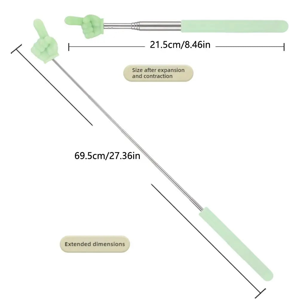 A telescopic reading stick with a green handle and silver shaft showing expanded and contracted dimensions.