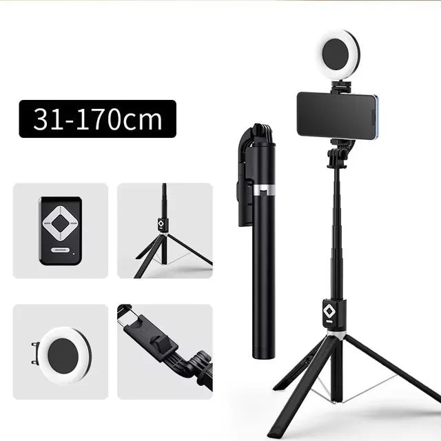 A black extendable phone tripod featuring an LED ring light and mirror, shown with various dimensions.