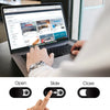 A hand is interacting with a privacy lens protector for a laptop, demonstrating open, slide, and close functions.