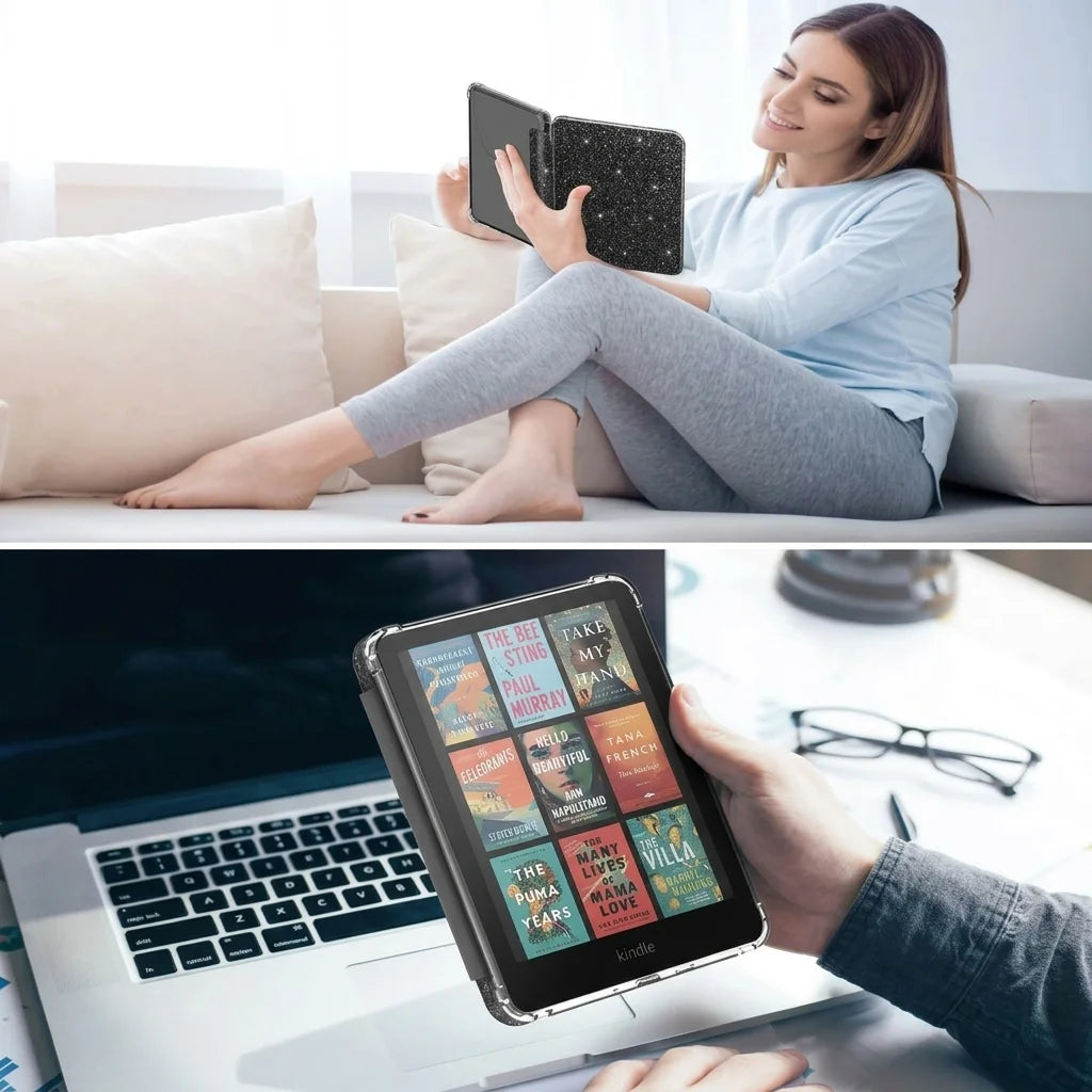 A woman is relaxing while holding a Kindle Paperwhite device with a glitter slim case.