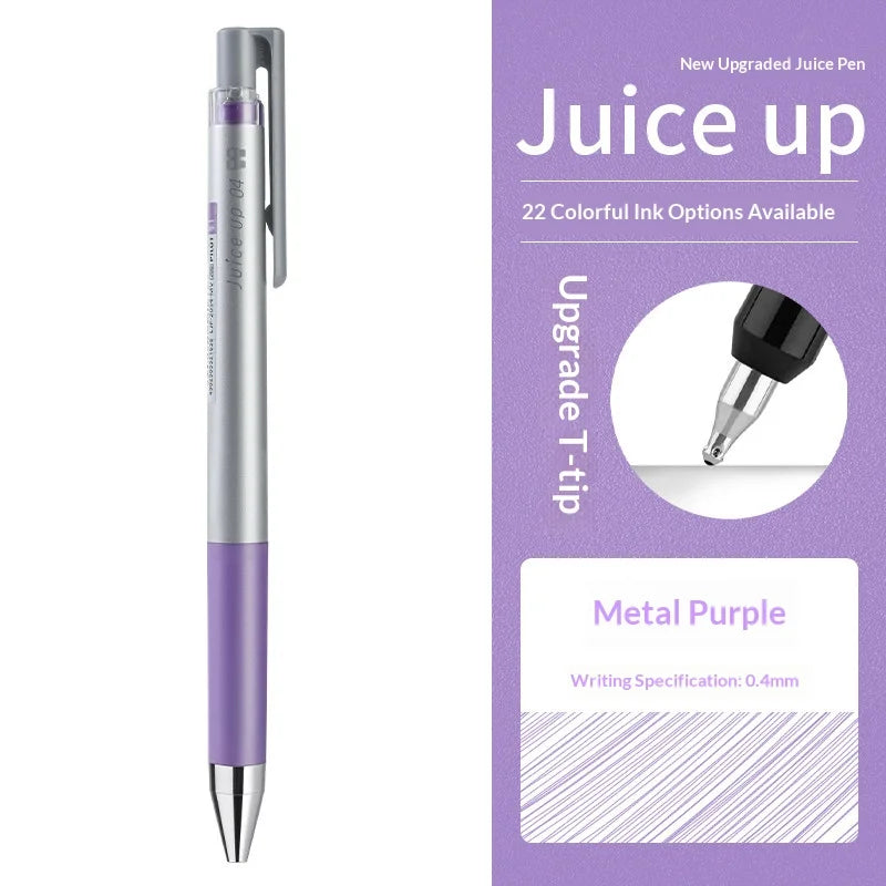 A silver and purple Pilot Juice Up fine point gel pen with a metal purple ink option displayed next to product information.