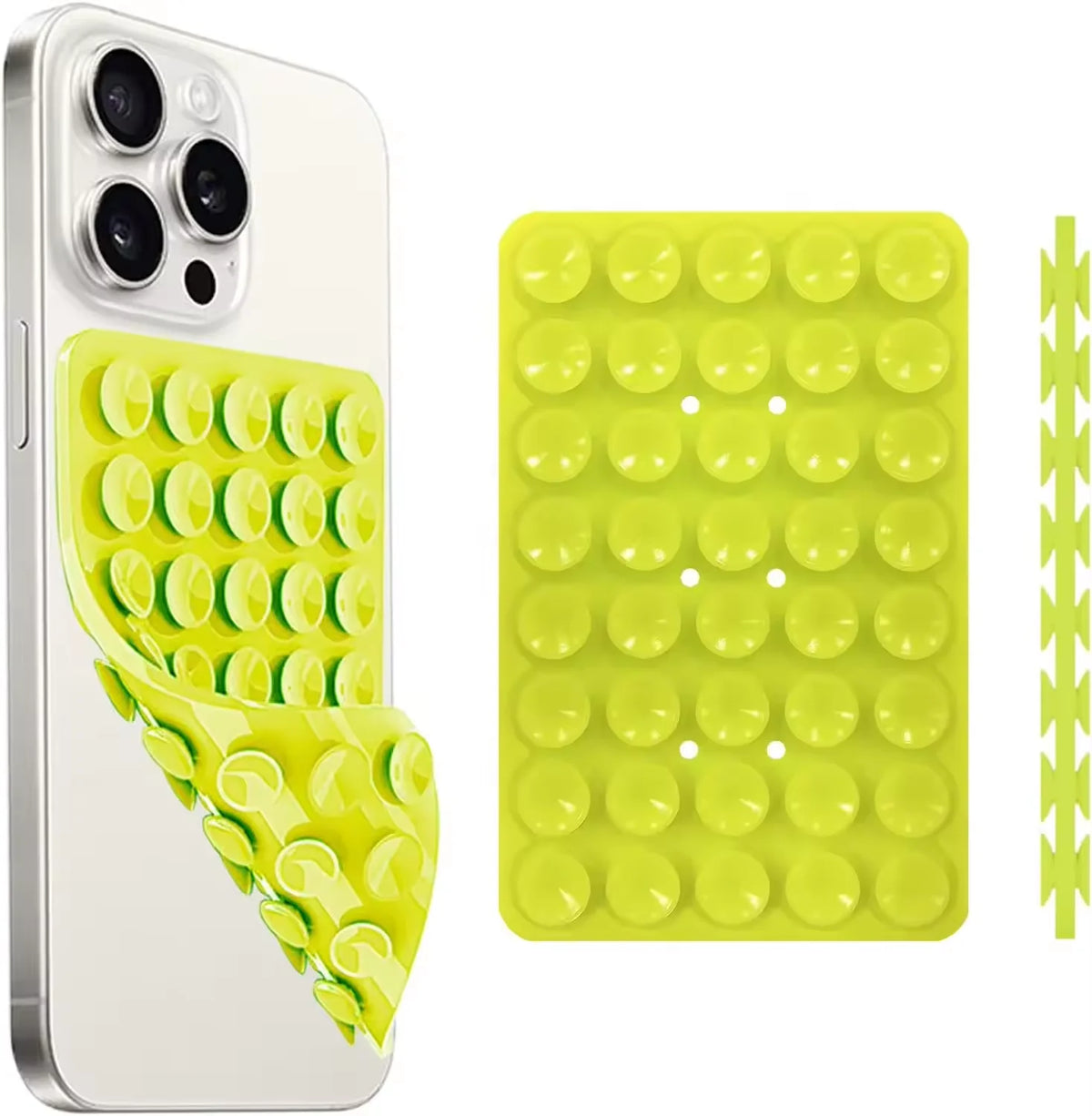 A white smartphone case with a yellow silicone suction cup mount for grip and stand functionality.