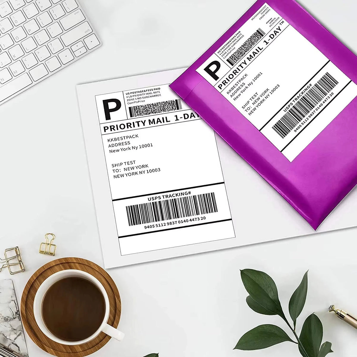 A purple thermal shipping label is shown on a white sheet, next to a laptop and a cup of coffee.