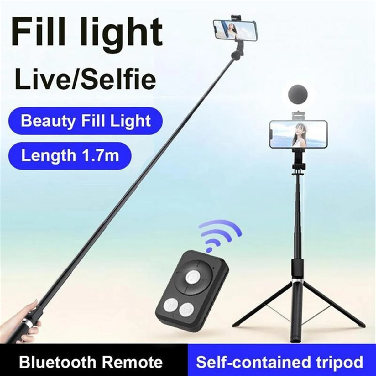 A black selfie stick with a beauty fill light and Bluetooth remote is shown next to its self-contained tripod stand.