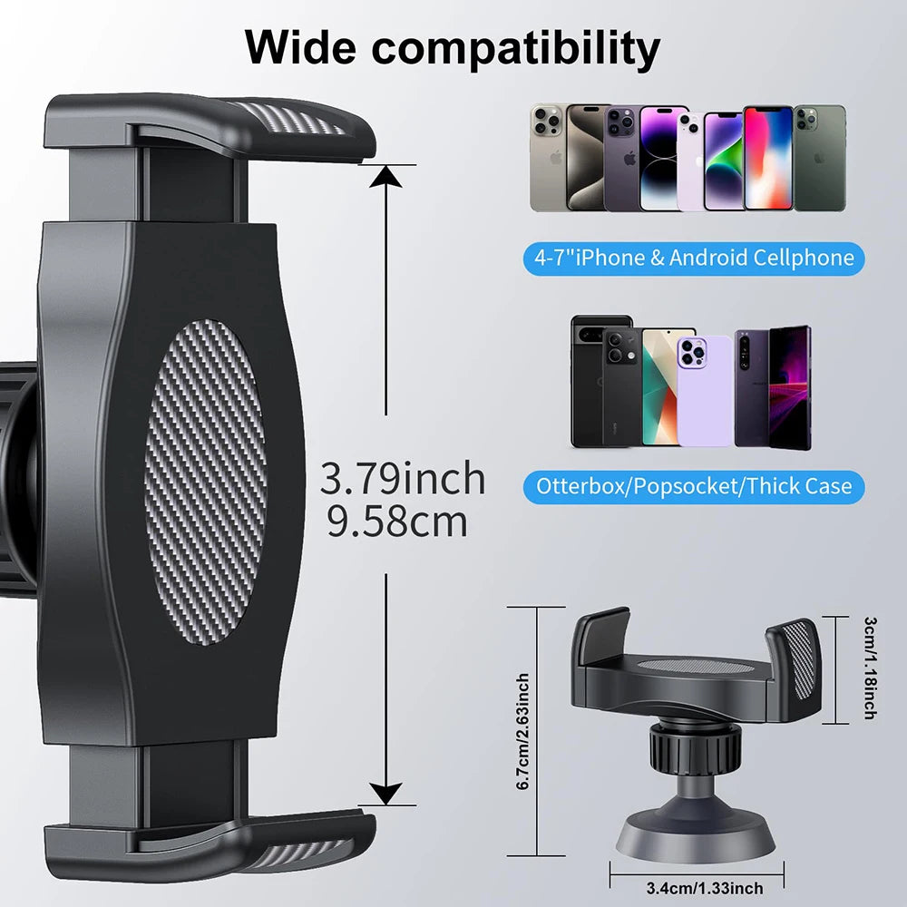 A black magnetic phone holder with a 360° adjustable mount shown alongside various compatible phones and accessories.
