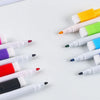 An assortment of eight magnetic whiteboard pens in various colors and tips are arranged on a white surface.
