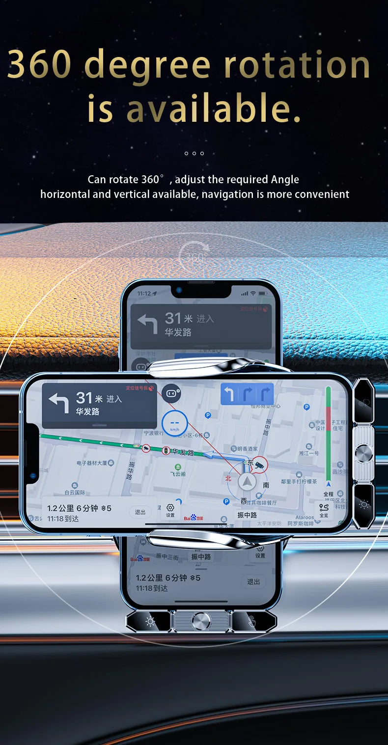 A display showing a 360 degree rotation feature for a wireless car phone mount, demonstrating navigation and angle adjustment