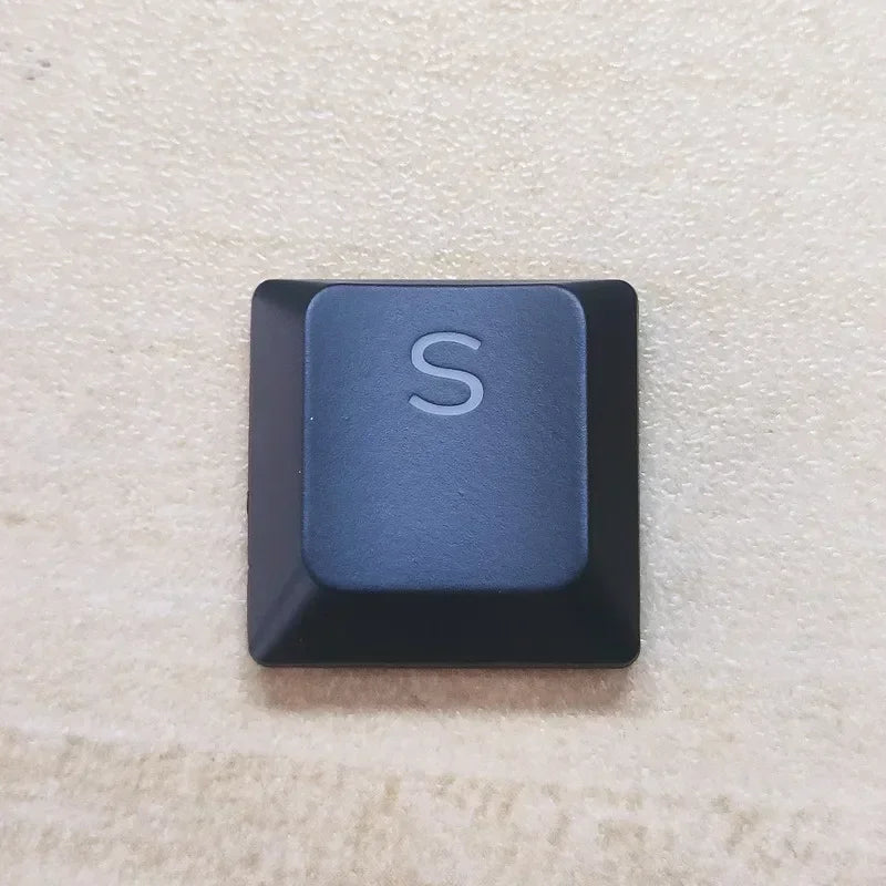 A close-up view of a dark blue mechanical keyboard keycap labeled with the letter S