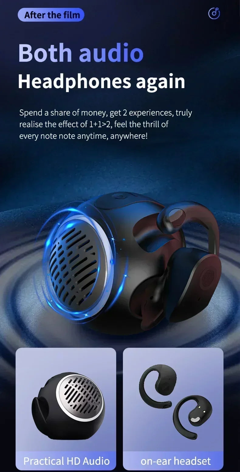 A pair of black wireless Bluetooth earbuds shown next to icons for Practical HD Audio and an on-ear headset.