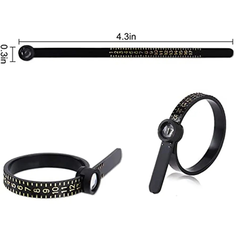 A black precision ring sizer and gauge tool with a 4.3-inch length and a measuring ring.