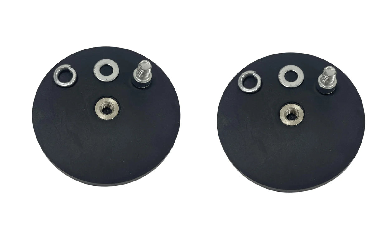 Two black magnetic base mount brackets with mounting holes and threaded studs.