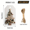 Christmas gift tags featuring wood grain and pinecone cutouts attached to hemp rope