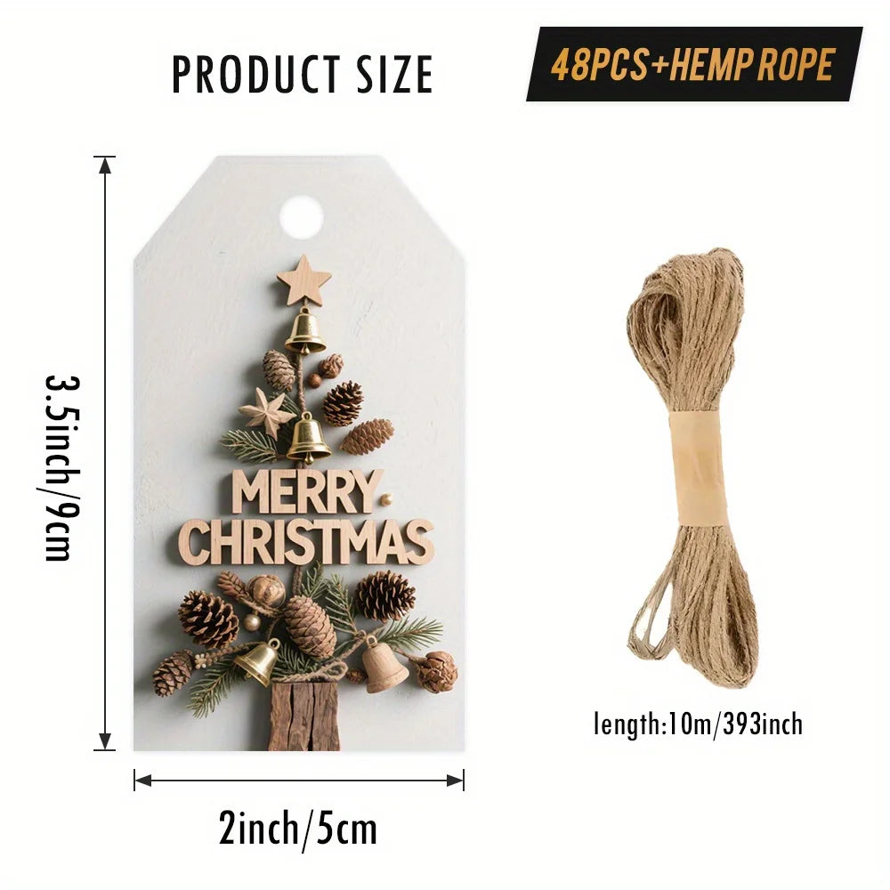 Christmas gift tags featuring wood grain and pinecone cutouts attached to hemp rope