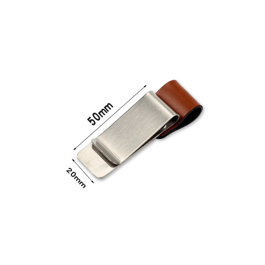 A brass pen holder and journal clip with a brown leather strap, shown from above.