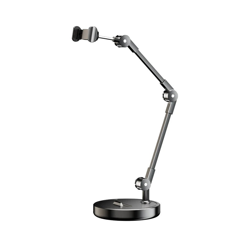 A black multi-angle adjustable phone holder stand with an articulated arm.