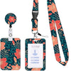 Floral retractable badge reel with a dark teal and coral pattern on the lanyard and card holder.