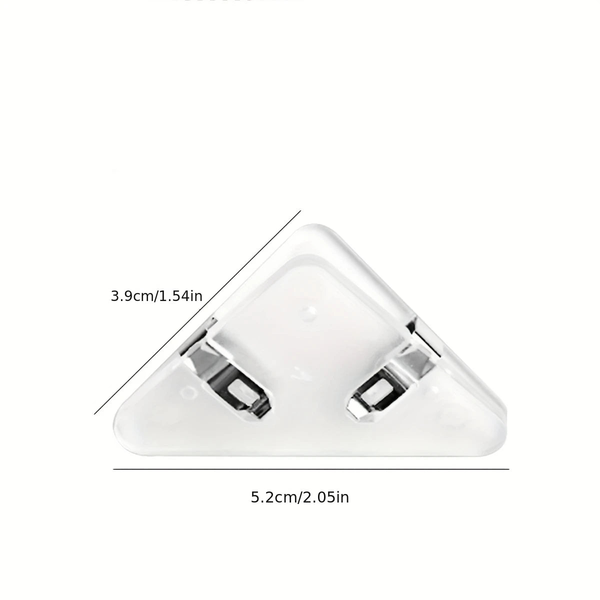 A white multifunctional triangle folder clip for documents shown from above.