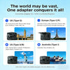 A set of universal travel adapters for various countries including the UK, Europe, US, and Australia.